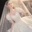 Luxury / Gorgeous White Bridal Wedding Dresses 2020 Ball Gown See-through Scoop Neck Puffy Short Sleeve Backless Appliques Lace Beading Cathedral Train Ruffle