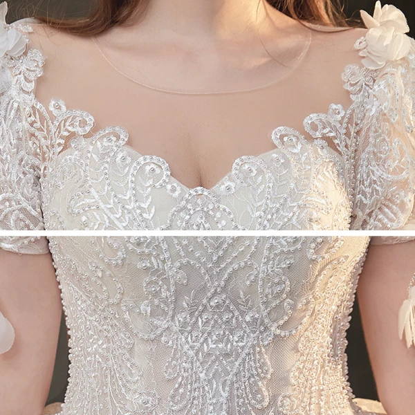 Luxury / Gorgeous White Bridal Wedding Dresses 2020 Ball Gown See-through Scoop Neck Puffy Short Sleeve Backless Appliques Lace Beading Cathedral Train Ruffle