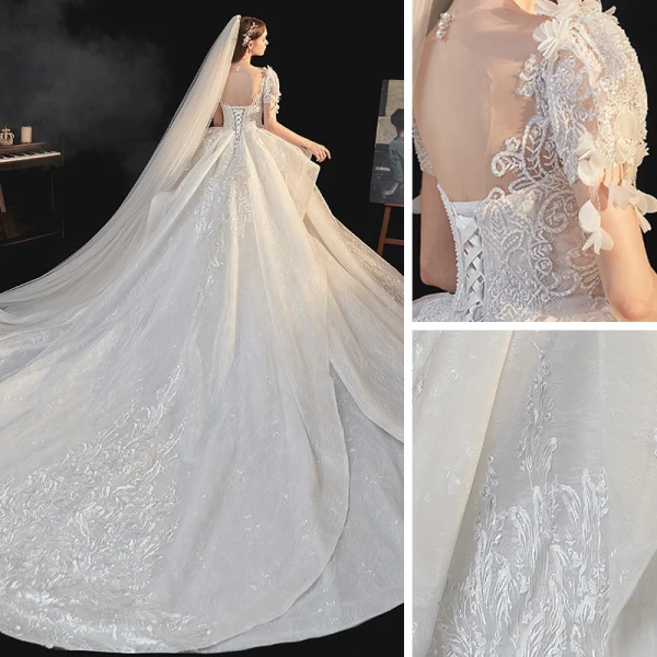 Luxury / Gorgeous White Bridal Wedding Dresses 2020 Ball Gown See-through Scoop Neck Puffy Short Sleeve Backless Appliques Lace Beading Cathedral Train Ruffle