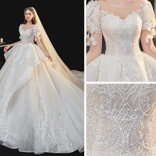 Luxury / Gorgeous White Bridal Wedding Dresses 2020 Ball Gown See-through Scoop Neck Puffy Short Sleeve Backless Appliques Lace Beading Cathedral Train Ruffle