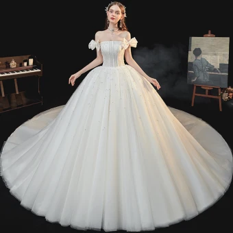 Best White Bridal Wedding Dresses 2020 Ball Gown Off The Shoulder Bow Short Sleeve Backless Beading Pearl Glitter Tulle Cathedral Train Ruffle