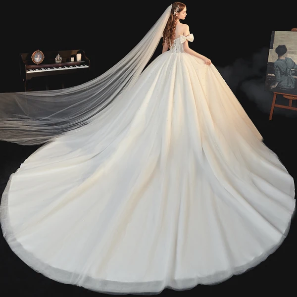 Best White Bridal Wedding Dresses 2020 Ball Gown Off-The-Shoulder Bow Short Sleeve Backless Beading Pearl Glitter Tulle Cathedral Train Ruffle
