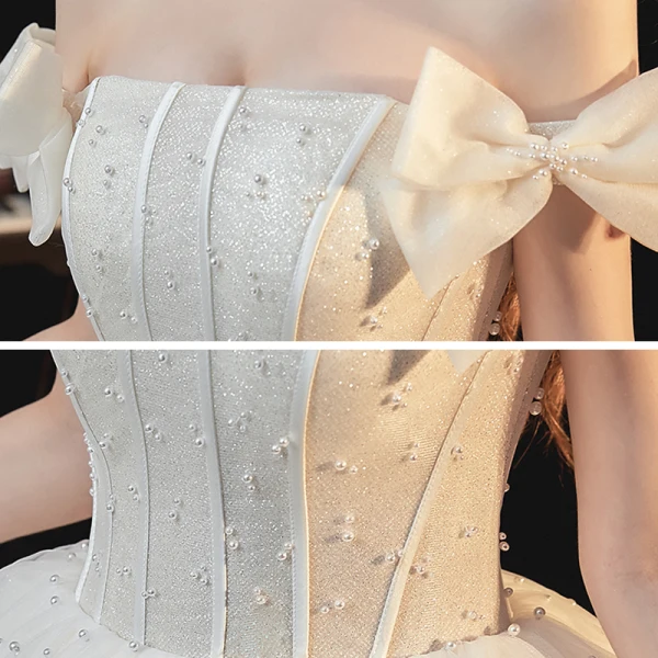 Best White Bridal Wedding Dresses 2020 Ball Gown Off-The-Shoulder Bow Short Sleeve Backless Beading Pearl Glitter Tulle Cathedral Train Ruffle