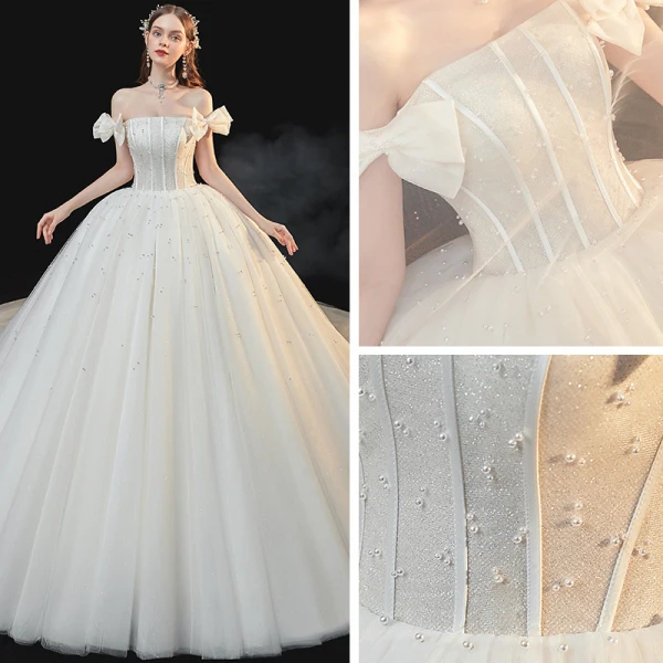 Best White Bridal Wedding Dresses 2020 Ball Gown Off-The-Shoulder Bow Short Sleeve Backless Beading Pearl Glitter Tulle Cathedral Train Ruffle
