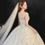 Luxe Blanche La Mariée Robe De Mariée 2020 Robe Boule Transparentes Encolure Dégagée Manches Courtes Dos Nu Paillettes Perlage Glitter Tulle Cathedral Train Volants