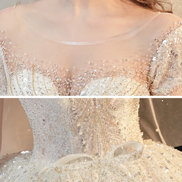 Luxe Blanche La Mariée Robe De Mariée 2020 Robe Boule Transparentes Encolure Dégagée Manches Courtes Dos Nu Paillettes Perlage Glitter Tulle Cathedral Train Volants