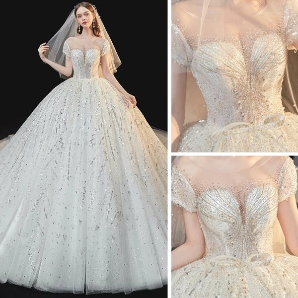 Luxe Blanche La Mariée Robe De Mariée 2020 Robe Boule Transparentes Encolure Dégagée Manches Courtes Dos Nu Paillettes Perlage Glitter Tulle Cathedral Train Volants