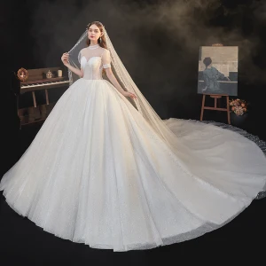 Vintage Originale Champagne La Mariée Robe De Mariée 2020 Robe Boule Transparentes Col Haut Gonflée Manches Courtes Dos Nu Perlage Glitter Tulle Cathedral Train Volants