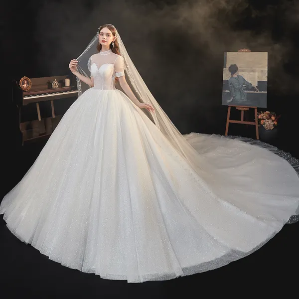 Vintage / Retro Champagne Bridal Wedding Dresses 2020 Ball Gown See-through High Neck Puffy Short Sleeve Backless Beading Glitter Tulle Cathedral Train Ruffle