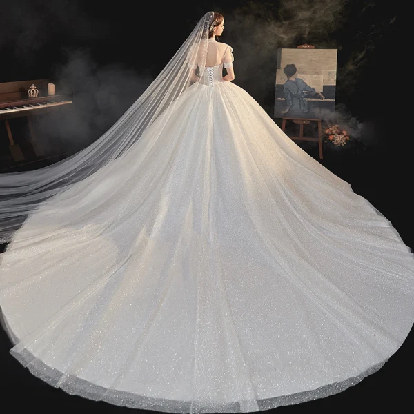 Vintage / Retro Champagne Bridal Wedding Dresses 2020 Ball Gown See-through High Neck Puffy Short Sleeve Backless Beading Glitter Tulle Cathedral Train Ruffle