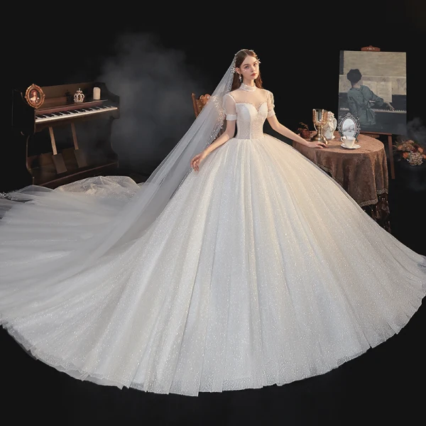 Vintage / Retro Champagne Bridal Wedding Dresses 2020 Ball Gown See-through High Neck Puffy Short Sleeve Backless Beading Glitter Tulle Cathedral Train Ruffle