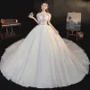 Vintage / Retro Champagne Bridal Wedding Dresses 2020 Ball Gown See-through High Neck Puffy Short Sleeve Backless Beading Glitter Tulle Cathedral Train Ruffle