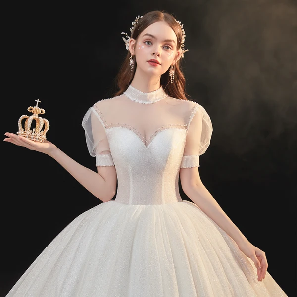 Vintage / Retro Champagne Bridal Wedding Dresses 2020 Ball Gown See-through High Neck Puffy Short Sleeve Backless Beading Glitter Tulle Cathedral Train Ruffle