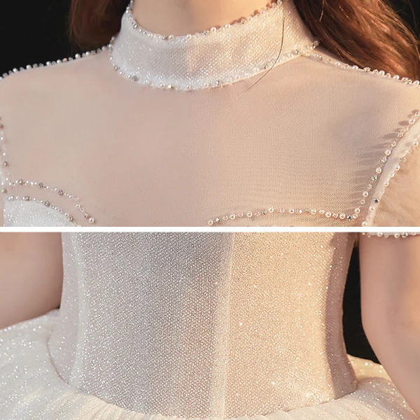 Vintage / Retro Champagne Bridal Wedding Dresses 2020 Ball Gown See-through High Neck Puffy Short Sleeve Backless Beading Glitter Tulle Cathedral Train Ruffle
