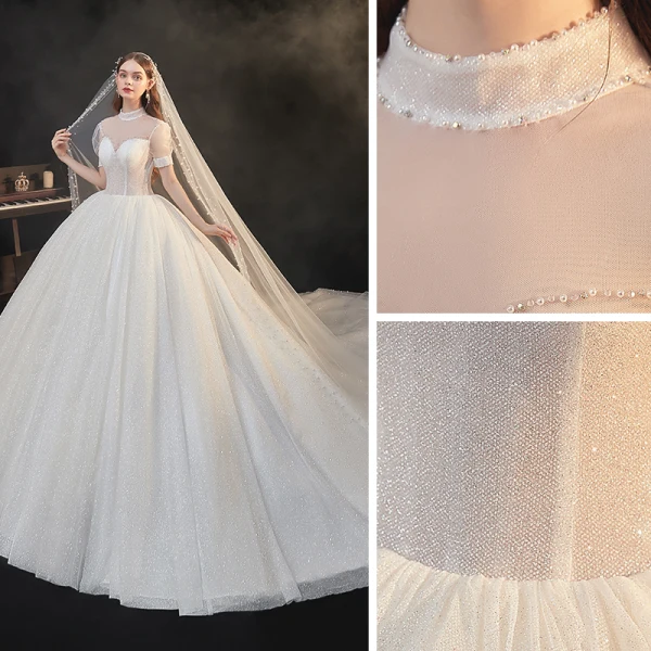 Vintage / Retro Champagne Bridal Wedding Dresses 2020 Ball Gown See-through High Neck Puffy Short Sleeve Backless Beading Glitter Tulle Cathedral Train Ruffle