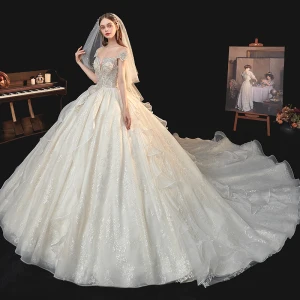 Magnífico Champán Boda Vestidos De Novia 2020 Ball Gown Transparentes Scoop Escote Manga Corta Sin Espalda Glitter Tul Lentejuelas Rebordear Cathedral Train Ruffle