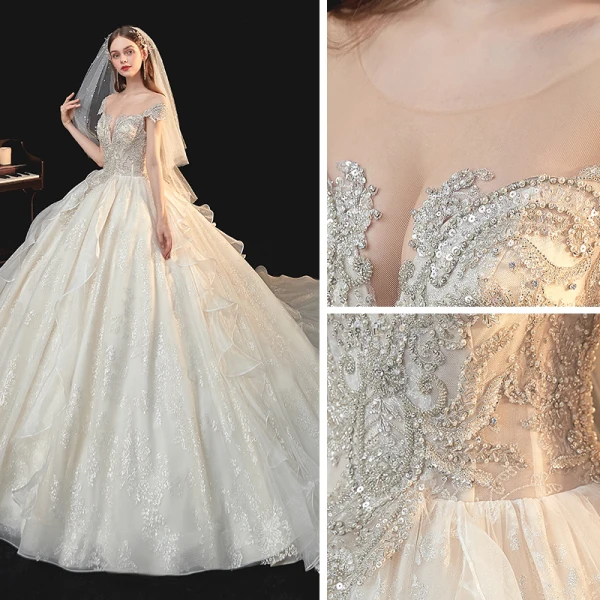 Luxe Champagne La Mariée Robe De Mariée 2020 Robe Boule Transparentes Encolure Dégagée Manches Courtes Dos Nu Glitter Tulle Paillettes Perlage Cathedral Train Volants
