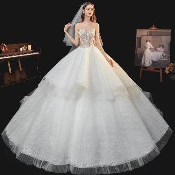 Fabulous Champagne Bridal Wedding Dresses 2020 Ball Gown See Through Square Neckline Long Sleeve Backless Handmade Beading Pearl Glitter Tulle Cathedral Train Ruffle