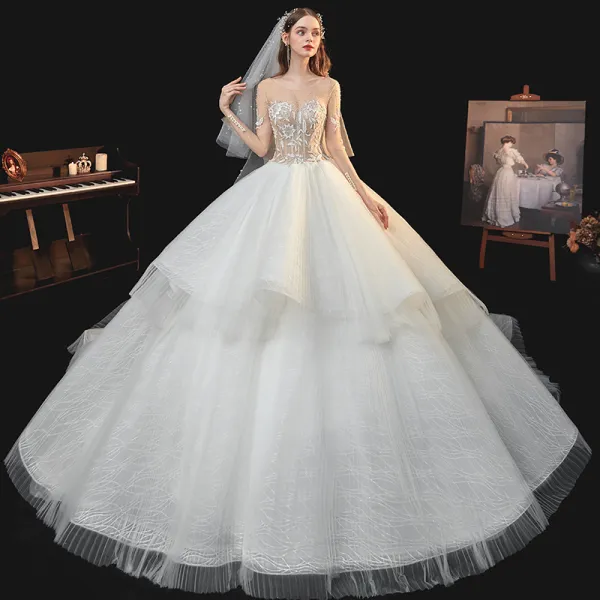 Fabulous Champagne Bridal Wedding Dresses 2020 Ball Gown See-through Square Neckline Long Sleeve Backless Handmade  Beading Pearl Glitter Tulle Cathedral Train Ruffle
