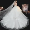Fabulous Champagne Bridal Wedding Dresses 2020 Ball Gown See-through Square Neckline Long Sleeve Backless Handmade  Beading Pearl Glitter Tulle Cathedral Train Ruffle