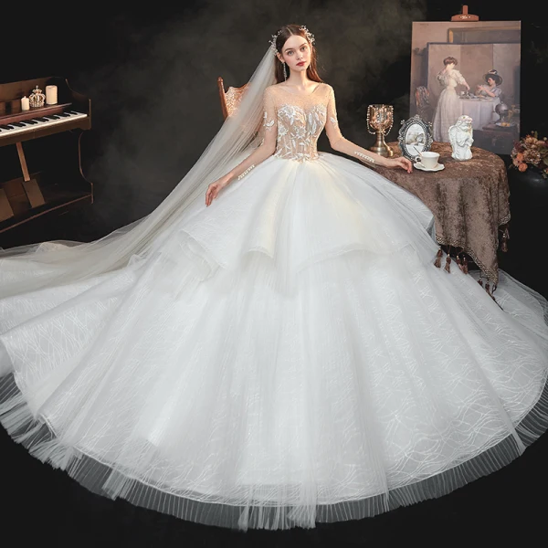 Fabuleux Champagne La Mariée Robe De Mariée 2020 Robe Boule Transparentes Encolure Carrée Manches Longues Dos Nu Fait main Perlage Perle Glitter Tulle Cathedral Train Volants