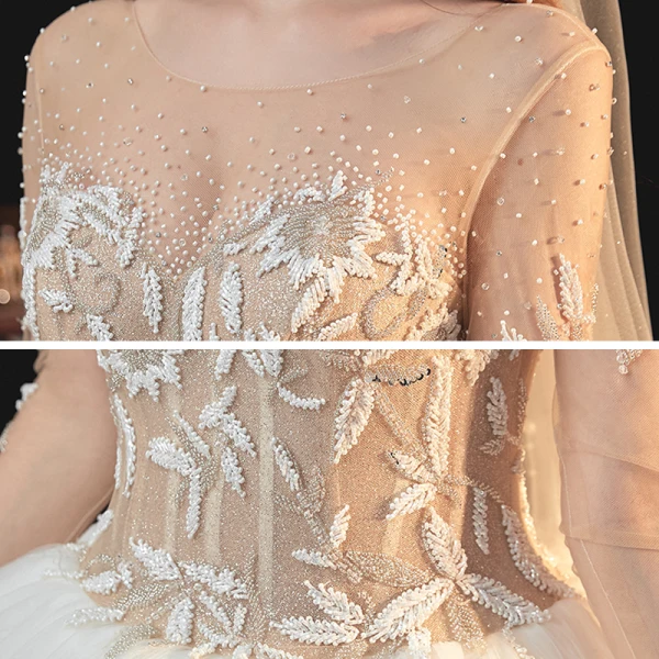 Fabuleux Champagne La Mariée Robe De Mariée 2020 Robe Boule Transparentes Encolure Carrée Manches Longues Dos Nu Fait main Perlage Perle Glitter Tulle Cathedral Train Volants