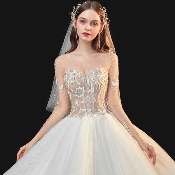 Fabuleux Champagne La Mariée Robe De Mariée 2020 Robe Boule Transparentes Encolure Carrée Manches Longues Dos Nu Fait main Perlage Perle Glitter Tulle Cathedral Train Volants