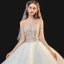Fabuleux Champagne La Mariée Robe De Mariée 2020 Robe Boule Transparentes Encolure Carrée Manches Longues Dos Nu Fait main Perlage Perle Glitter Tulle Cathedral Train Volants