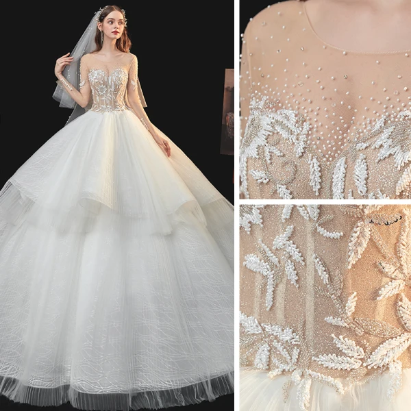 Fabuleux Champagne La Mariée Robe De Mariée 2020 Robe Boule Transparentes Encolure Carrée Manches Longues Dos Nu Fait main Perlage Perle Glitter Tulle Cathedral Train Volants