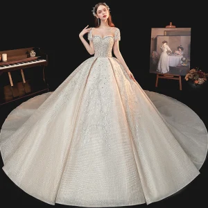 Vintage Retro Champagne Bridal Wedding Dresses 2020 Ball Gown See Through Scoop Neck Short Sleeve Backless Handmade Beading Sequins Cathedral Train Ruffle