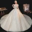 Vintage / Originale Champagne La Mariée Robe De Mariée 2020 Robe Boule Transparentes Encolure Dégagée Manches Courtes Dos Nu Fait main Perlage Paillettes Cathedral Train Volants
