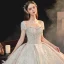 Vintage / Originale Champagne La Mariée Robe De Mariée 2020 Robe Boule Transparentes Encolure Dégagée Manches Courtes Dos Nu Fait main Perlage Paillettes Cathedral Train Volants