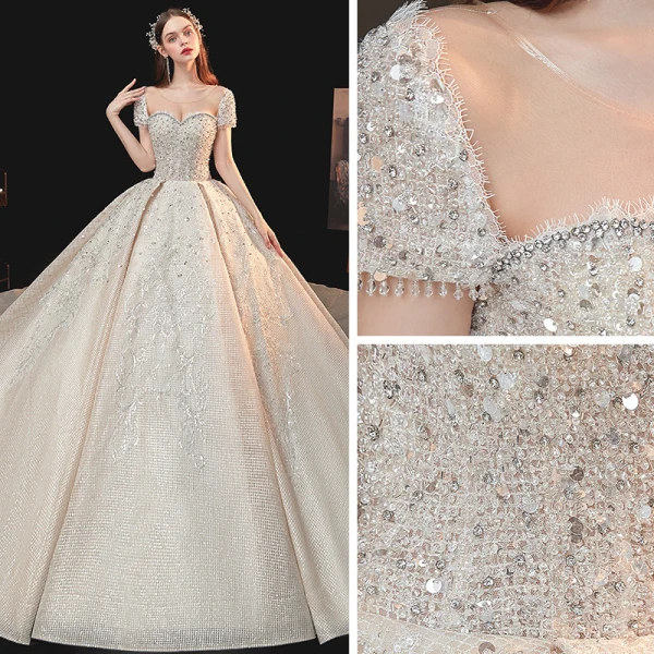 Vintage / Originale Champagne La Mariée Robe De Mariée 2020 Robe Boule Transparentes Encolure Dégagée Manches Courtes Dos Nu Fait main Perlage Paillettes Cathedral Train Volants