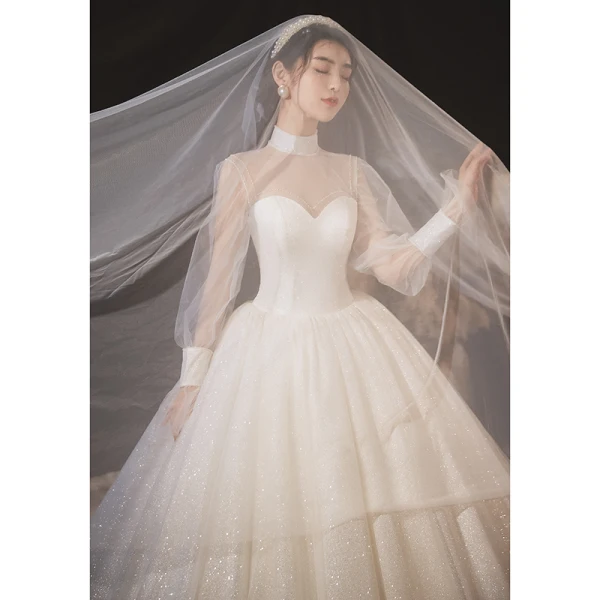 Style Victorien Blanche La Mariée Robe De Mariée 2020 Robe Boule Transparentes Col Haut Gonflée Manches Longues Dos Nu Perlage Glitter Tulle Cathedral Train Volants
