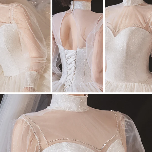 Style Victorien Blanche La Mariée Robe De Mariée 2020 Robe Boule Transparentes Col Haut Gonflée Manches Longues Dos Nu Perlage Glitter Tulle Cathedral Train Volants