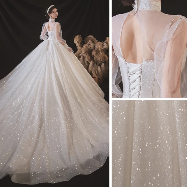 Style Victorien Blanche La Mariée Robe De Mariée 2020 Robe Boule Transparentes Col Haut Gonflée Manches Longues Dos Nu Perlage Glitter Tulle Cathedral Train Volants