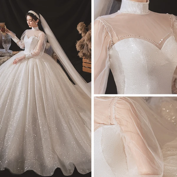 Style Victorien Blanche La Mariée Robe De Mariée 2020 Robe Boule Transparentes Col Haut Gonflée Manches Longues Dos Nu Perlage Glitter Tulle Cathedral Train Volants