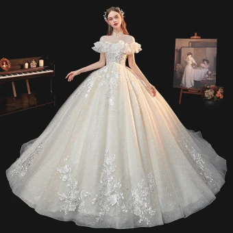 Vintage Originale Champagne La Mariée Robe De Mariée 2020 Robe Boule Transparentes Col Haut Manches Courtes Dos Nu Glitter Tulle Appliques En Dentelle Perlage Chapel Train Volants