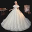 Vintage / Retro Champagne Bridal Wedding Dresses 2020 Ball Gown See-through High Neck Short Sleeve Backless Glitter Tulle Appliques Lace Beading Chapel Train Ruffle