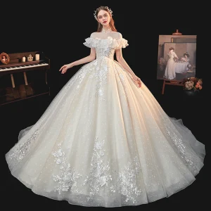 Vintage Champán Boda Vestidos De Novia 2020 Ball Gown Transparentes Cuello Alto Manga Corta Sin Espalda Glitter Tul Apliques Con Encaje Rebordear Chapel Train Ruffle