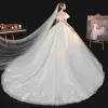 Vintage / Retro Champagne Bridal Wedding Dresses 2020 Ball Gown See-through High Neck Short Sleeve Backless Glitter Tulle Appliques Lace Beading Chapel Train Ruffle