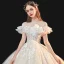 Vintage / Retro Champagne Bridal Wedding Dresses 2020 Ball Gown See-through High Neck Short Sleeve Backless Glitter Tulle Appliques Lace Beading Chapel Train Ruffle