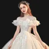 Vintage / Retro Champagne Bridal Wedding Dresses 2020 Ball Gown See-through High Neck Short Sleeve Backless Glitter Tulle Appliques Lace Beading Chapel Train Ruffle