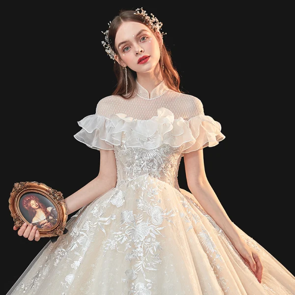 Vintage / Retro Champagne Bridal Wedding Dresses 2020 Ball Gown See-through High Neck Short Sleeve Backless Glitter Tulle Appliques Lace Beading Chapel Train Ruffle