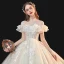Vintage / Retro Champagne Bridal Wedding Dresses 2020 Ball Gown See-through High Neck Short Sleeve Backless Glitter Tulle Appliques Lace Beading Chapel Train Ruffle