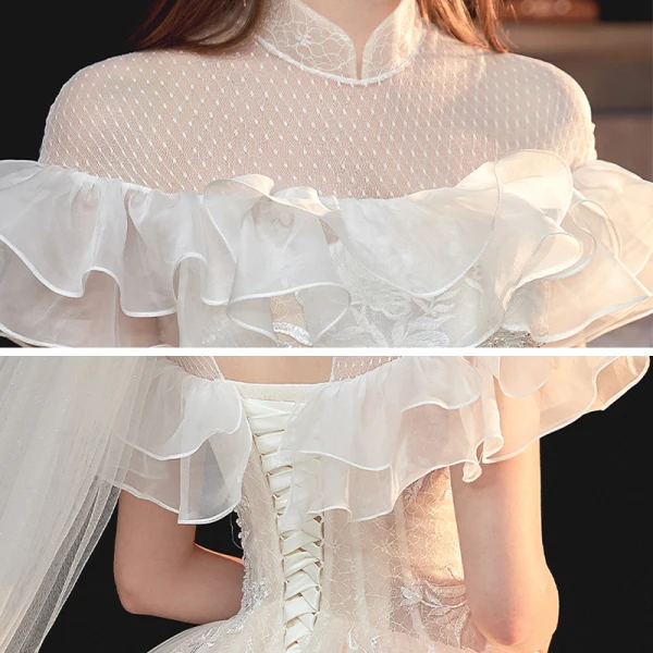 Vintage / Retro Champagne Bridal Wedding Dresses 2020 Ball Gown See-through High Neck Short Sleeve Backless Glitter Tulle Appliques Lace Beading Chapel Train Ruffle