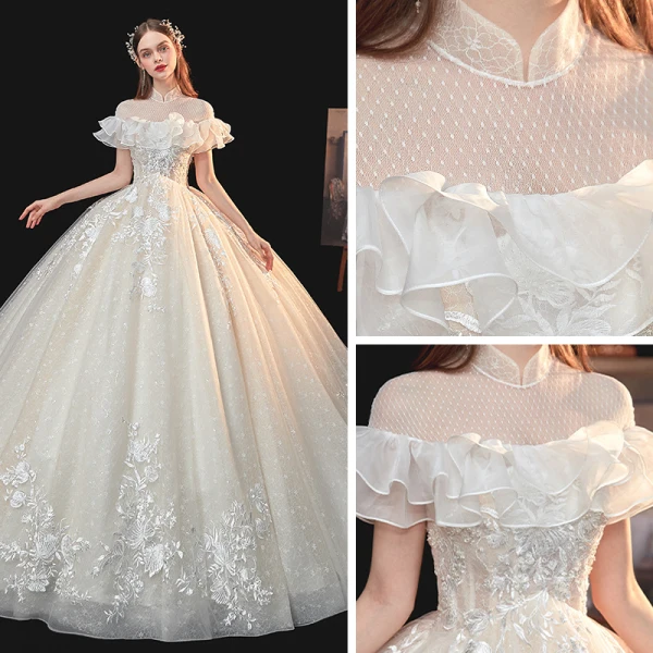 Vintage / Retro Champagne Bridal Wedding Dresses 2020 Ball Gown See-through High Neck Short Sleeve Backless Glitter Tulle Appliques Lace Beading Chapel Train Ruffle