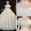 Vintage / Retro Champagne Bridal Wedding Dresses 2020 Ball Gown See-through High Neck Short Sleeve Backless Glitter Tulle Appliques Lace Beading Chapel Train Ruffle