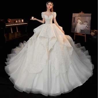 Vintage Originale Blanche La Mariée Robe De Mariée 2020 Robe Boule Transparentes Encolure Dégagée Gonflée Manches Courtes Dos Nu Appliques En Dentelle Perlage Glitter Tulle Cathedral Train Volants