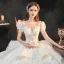 Vintage / Originale Blanche La Mariée Robe De Mariée 2020 Robe Boule Transparentes Encolure Dégagée Gonflée Manches Courtes Dos Nu Appliques En Dentelle Perlage Glitter Tulle Cathedral Train Volants